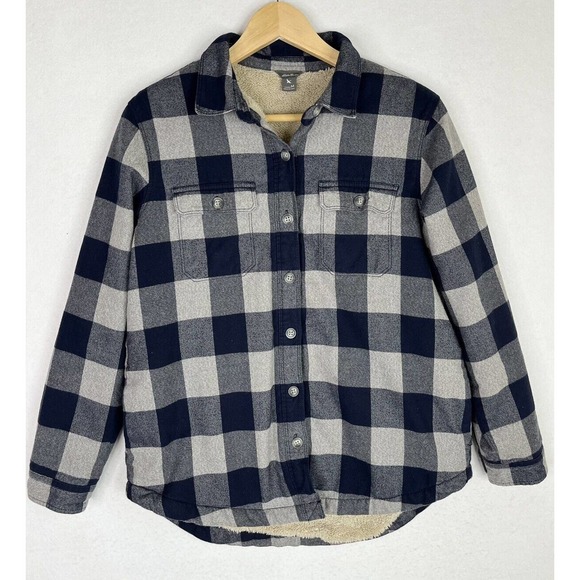 Eddie Bauer Jackets & Blazers - Eddie Bauer Womens Medium Plaid Flannel Sherpa Lined Shirt Jacket Shacket Blue